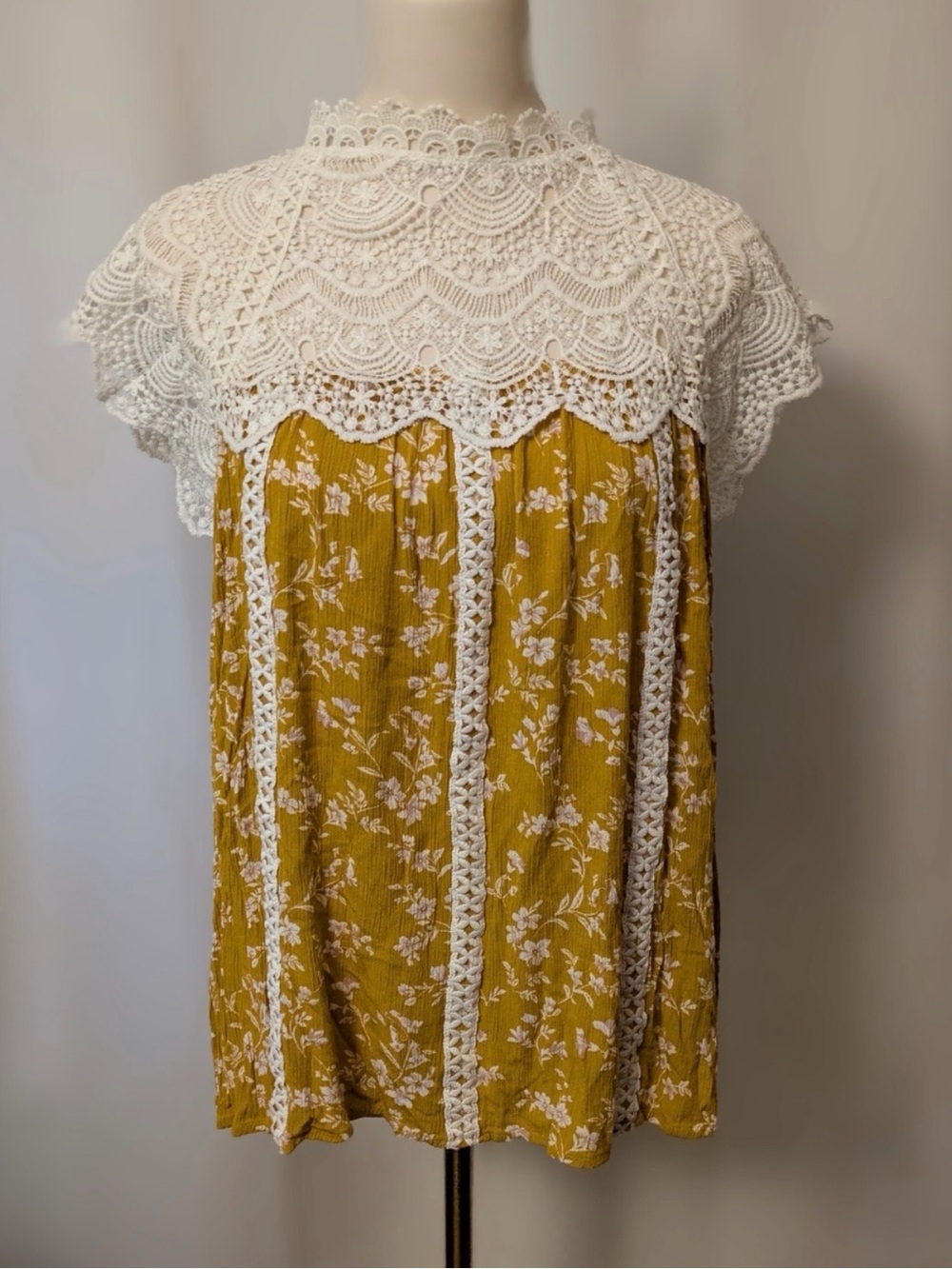 entro Mustard Yellow Floral Crochet Yoke Blouse